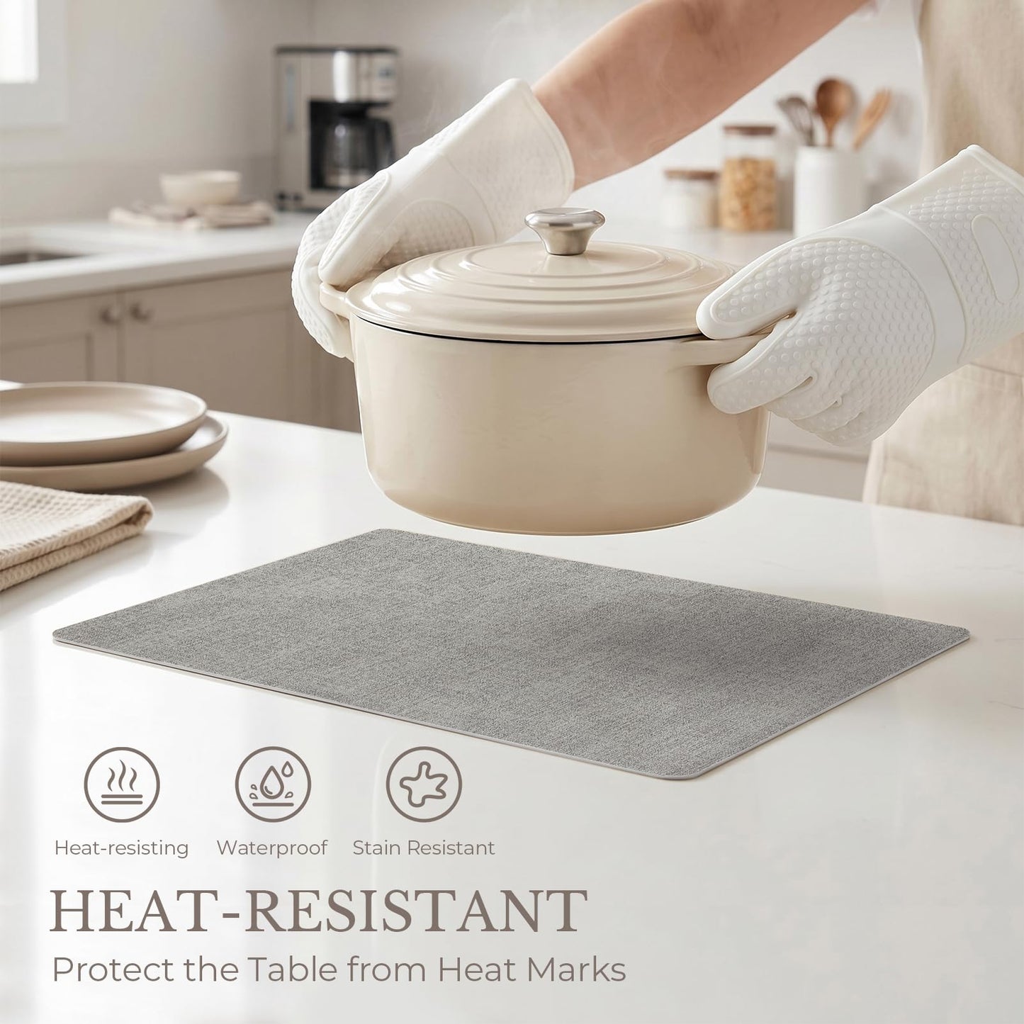 Romanstile Vinyl Placemats Set of 6-12 X 17 Inch - Faux Leather 100% Waterproof Wipeable Anti Slip Place Mats, Heat Resistant Reversible PU Table Mats for Kitchen Dining Party Outdoor, Light Grey