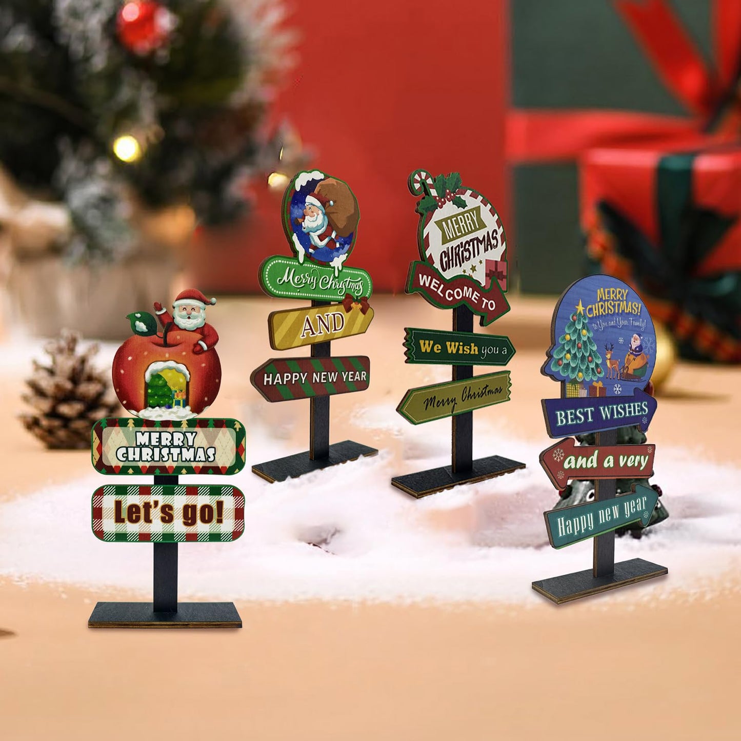 YvSuZeBuDa Christmas Table Decorations, 4 Piece Wooden Rectangular Sign Boards, Rustic Farmhouse Style, Polychrome, 8.86 x 4.72 Inches, Wall Mount with Twine, Cozy Theme (Christmas Apple)