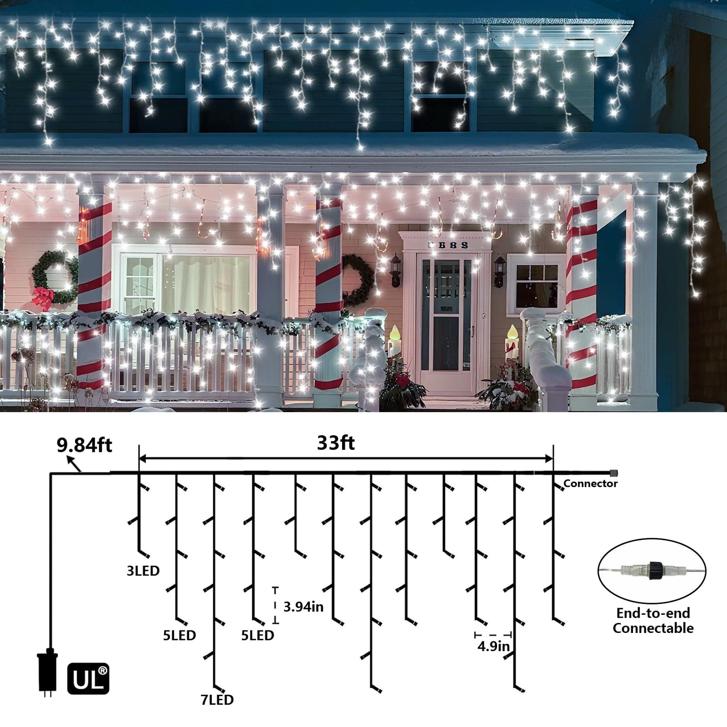 QITONG Icicle Lights for Outside, 33ft 400 LED String Lights Plug in with 8 Modes, Connectable White Icicle Christmas Light Clear Wire Indoor