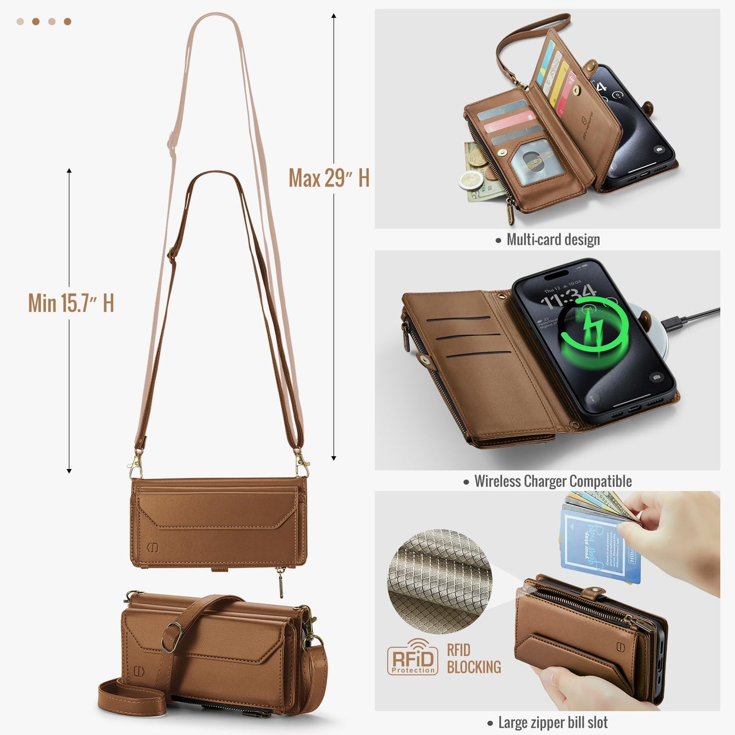 Strapurs Wallet Case Compatible with iPhone 15 Pro Max RFID Blocking 10-Card Holder Soft PU Leather Magnetic Snap Shoulder Strap Zipper Pocket Phone Case Fit for iPhone 15 Pro Max 6.7" - Brown