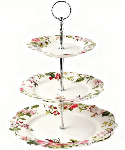 3-Tier 13.5 Inches Big Round White Porcelain Cakes Fruit Stand Plates, Cupcakes Serving Display Set, Ceramic Pastry Dessert Appetizer Candy Buffet Tray Towers Platter for Wedding Home Party - Flowers