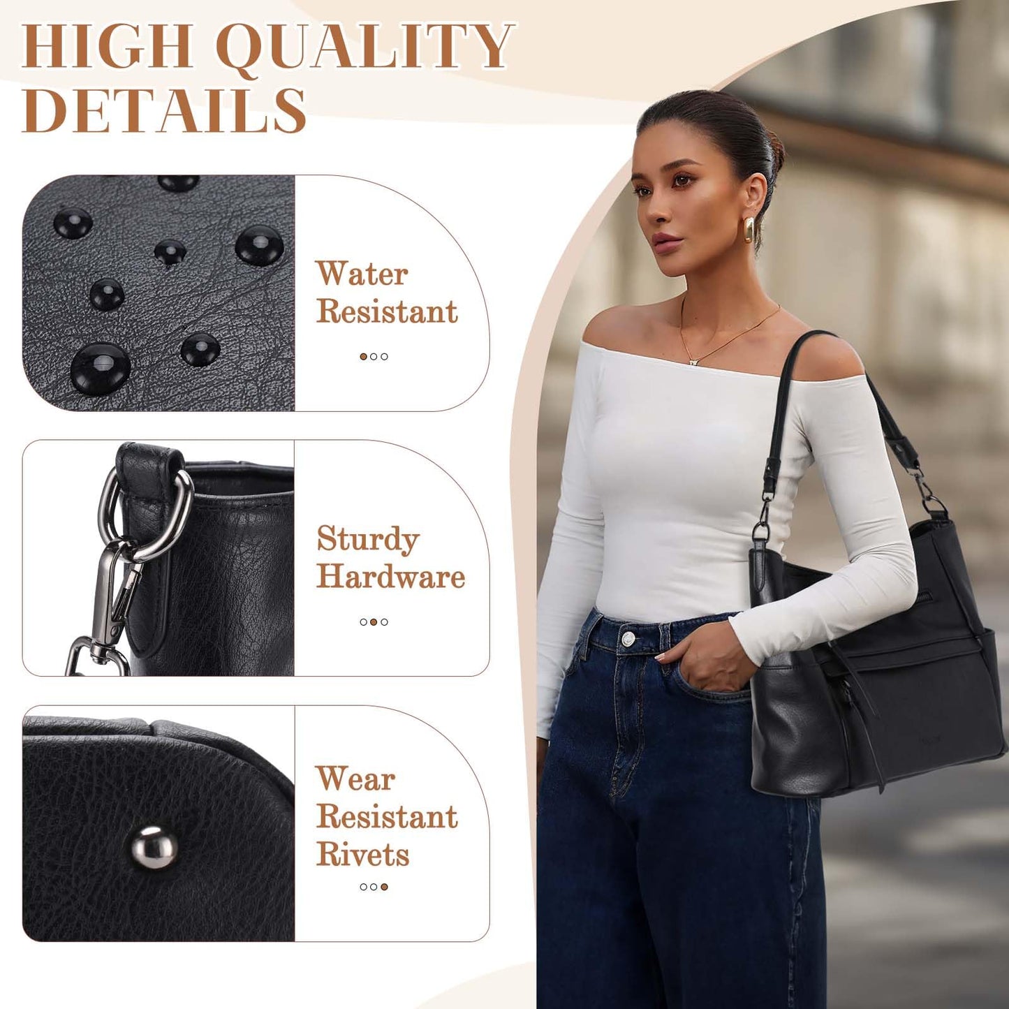 VASCHY Hobo Bag for Women, Roomy Leather Shoulder Purse with Wallet Set, Tote Bag with Guitar Strap, Ideal Gift for Women