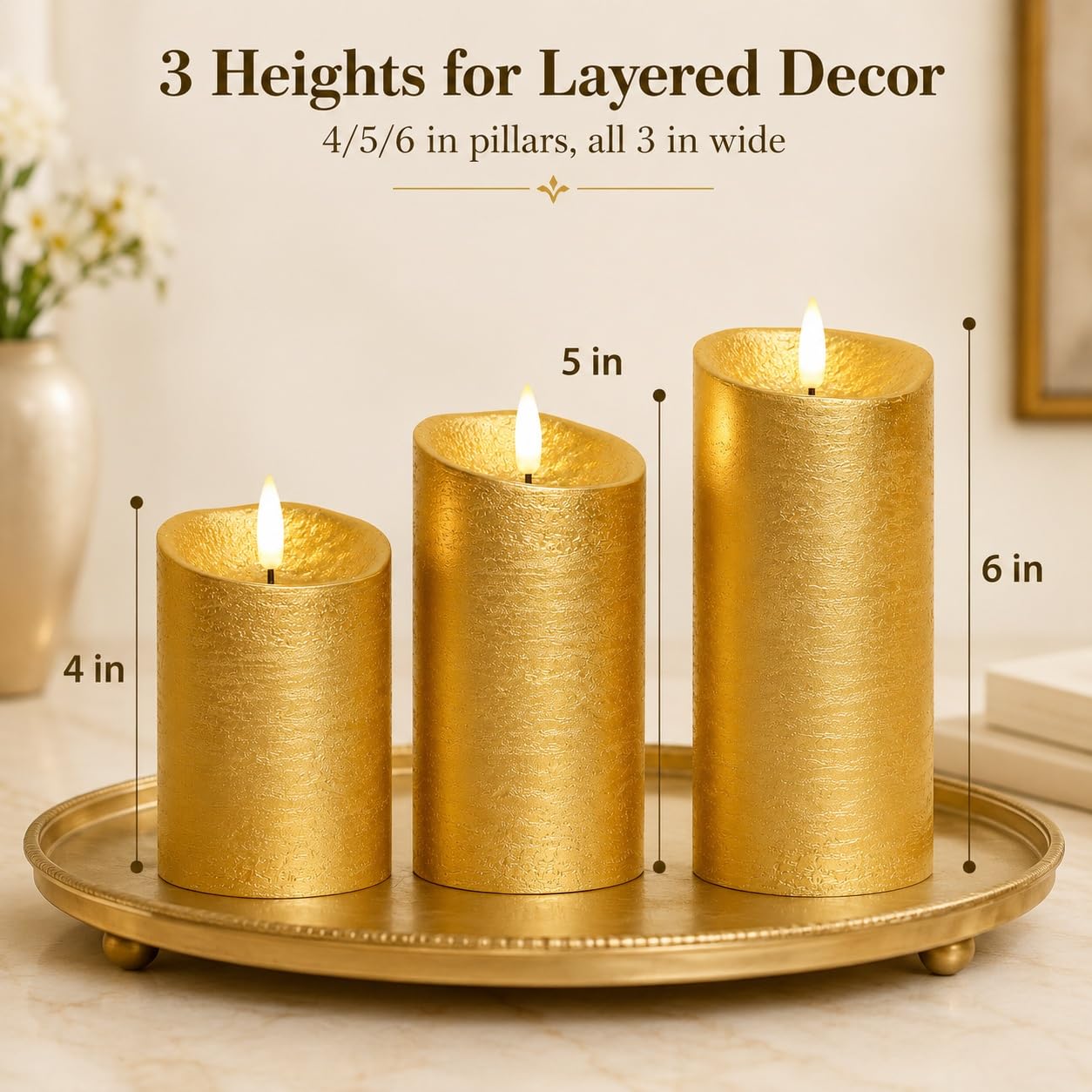COVEGE Gold Flameless Candles with Remote, Flickering Real Wax Battery Operated Candles with Timer, Set of 3 LED Pillar Candlesfor Home Room Decor Christmas Decoration