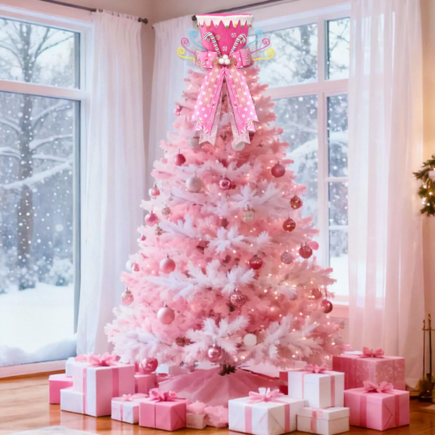 AWHETIE Candy Cane Christmas Tree Topper,Candy Cane Christmas Decorations,Velvet Pink Hat with Peppermint Bows Ribbon Ornaments,Top Hat Christmas Tree Topper for Holiday Xmas Decorations (Pink)