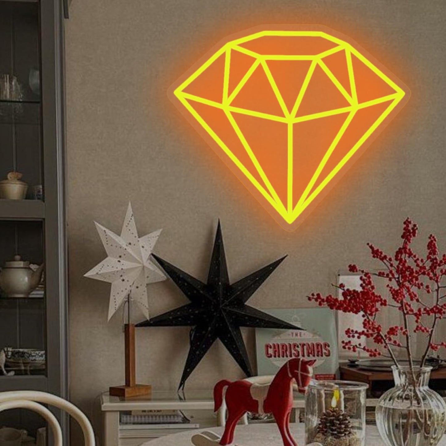 Diamond Neon Sign for Wall Decoration, Glowing Neon Sign, Adjustable Brightness Shining LED Sign Night Light for Man Cave Bedroom, Wedding, Living Room, Party, Bar, Office Decoration-Gold