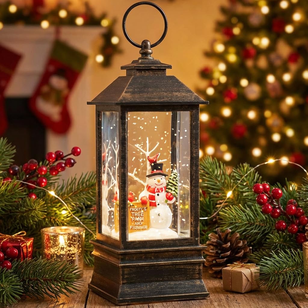10" Christmas Snow Globe Lantern with Farm Snowman，Lighted Swirling Glittering Snow Globes with Music & Timer, Christmas Decorations for Home Tabletop Indoor