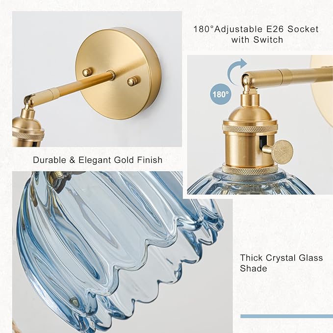 Hardwired Wall Sconce Light, Vintage Wall Sconce with Switch, Gold Wall Light Fixture with Tulip Denim Blue Glass Lampshade, Indoor Wall Light for Bedroom Bathroom, Bedside Wall Lamp