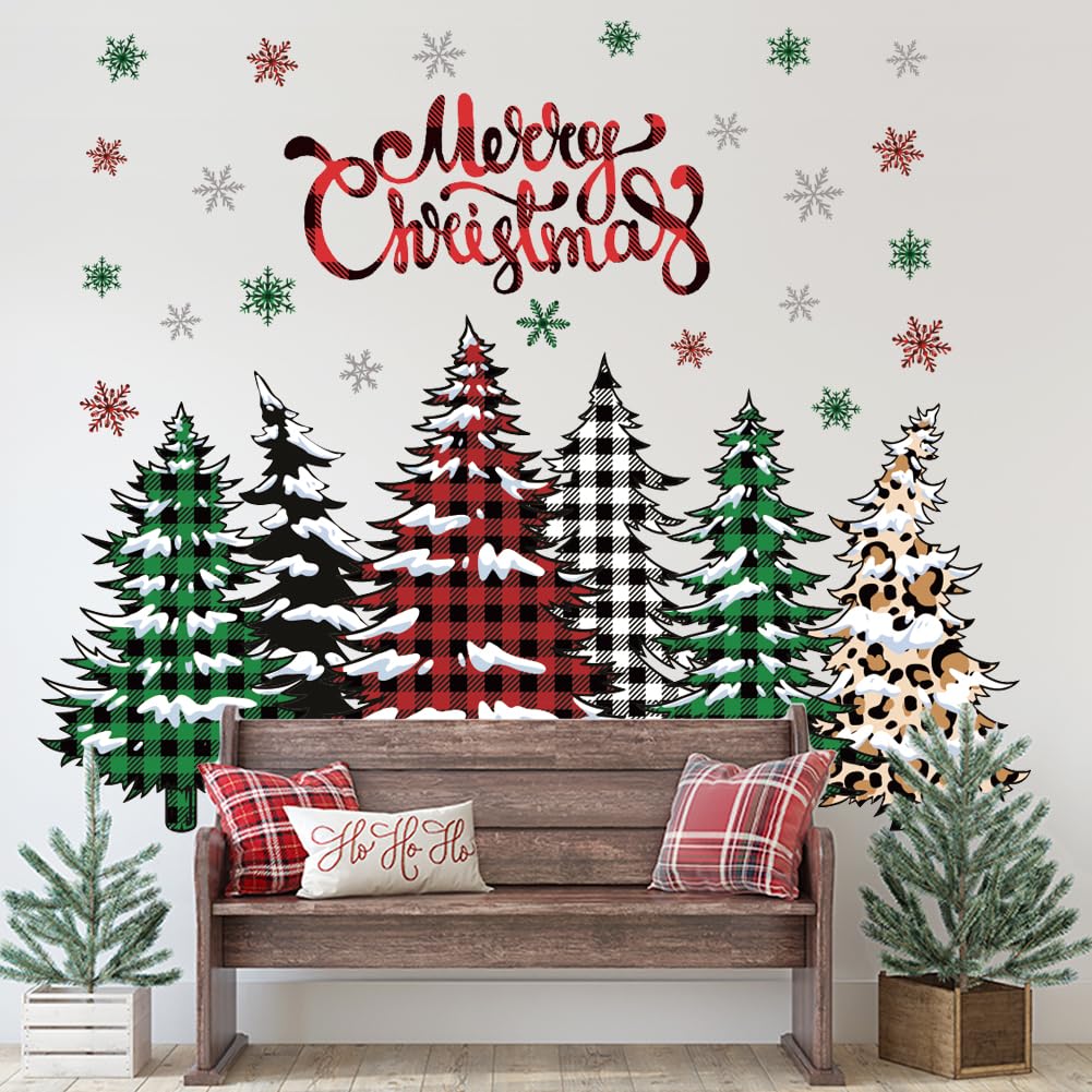 Merry Christmas Wall Decal Buffalo Checkered Christmas Tree Wall Stickers Winter Snowflake Window Clings for Xmas Holiday Festival Party Supplies