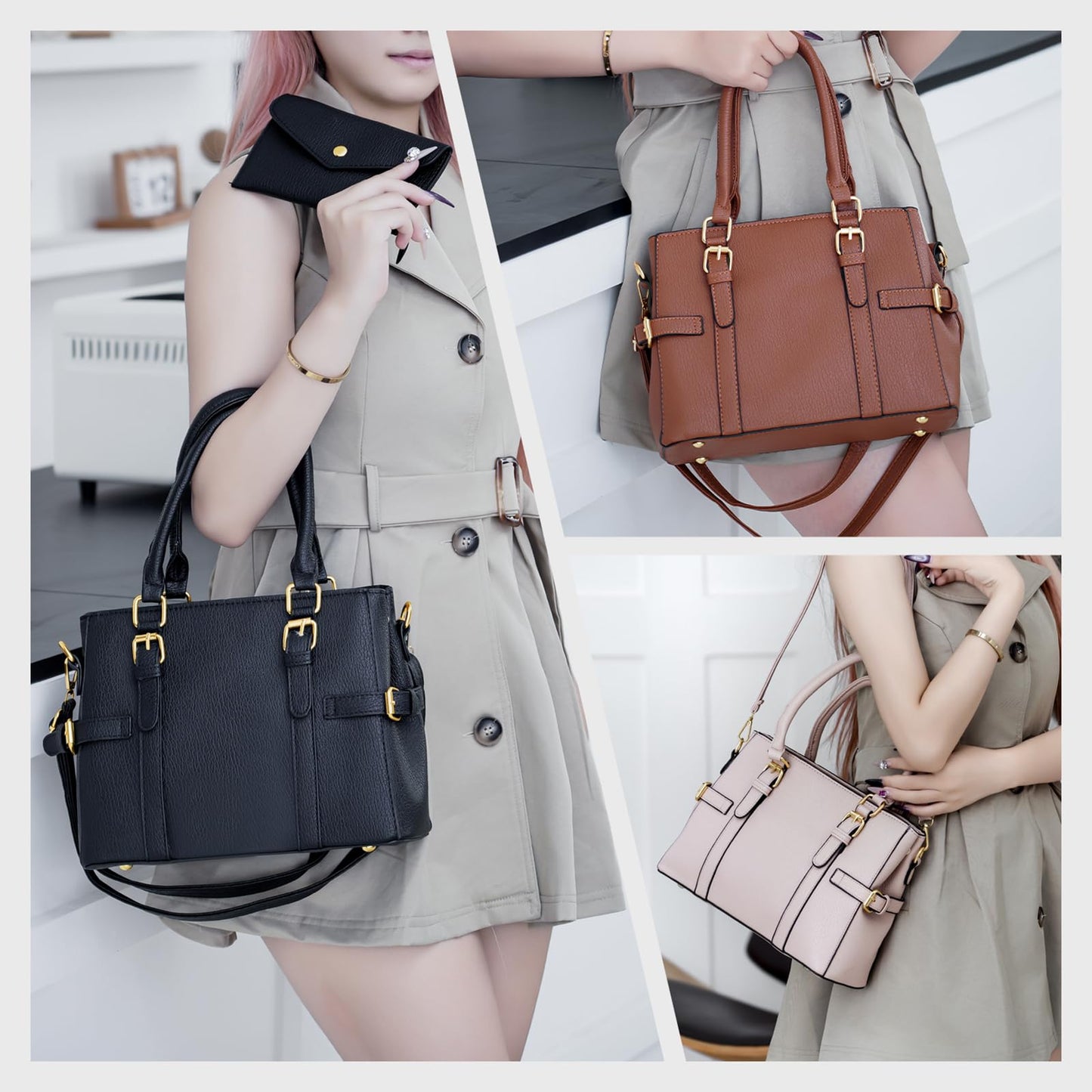 Tigpoy Black Purses for Women, Purses and Handbags Set Fashion Leather Shoulder Tote Work Bag for Women Ladies Top Handle Satchel 2PCS (Black)