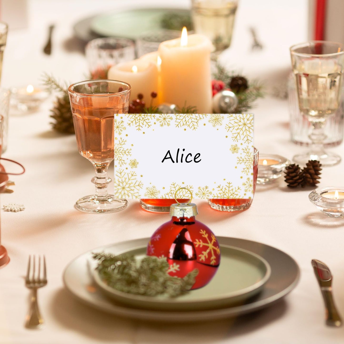 Whaline 12 Packs Christmas Gold Snowflake Ornament Place Card Holders with Name Cards Xmas Red Ball Seat Label Card Holders for Winter Wedding Holiday Table Sign