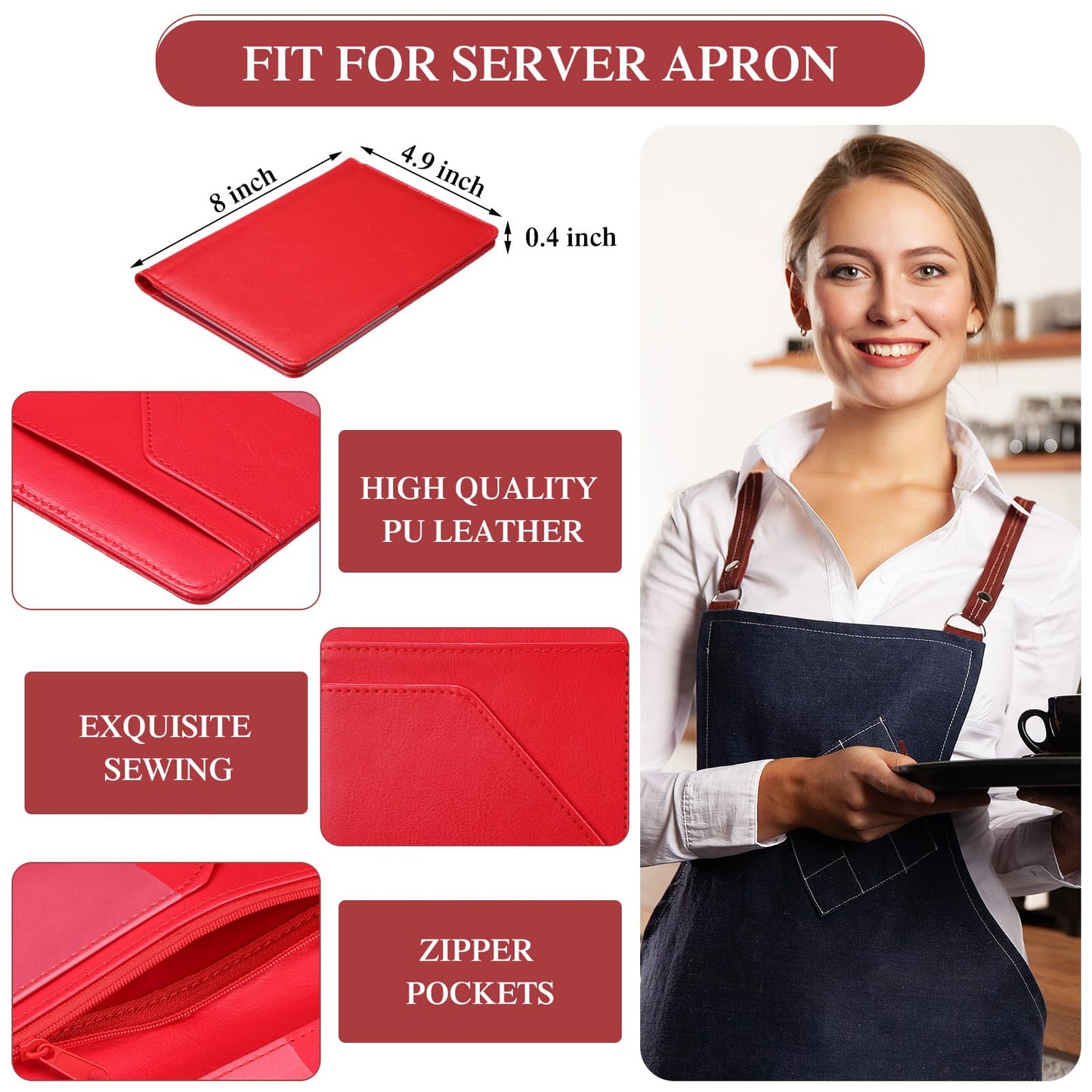 Containlol 6 Pcs Waitress Server Books Guest Book Pad Leather Money Organizer Wallet Organizer Waiter Cash Check Bill Receipt Holder with Pocket for Waitstaff Fit Apron(Red Style)