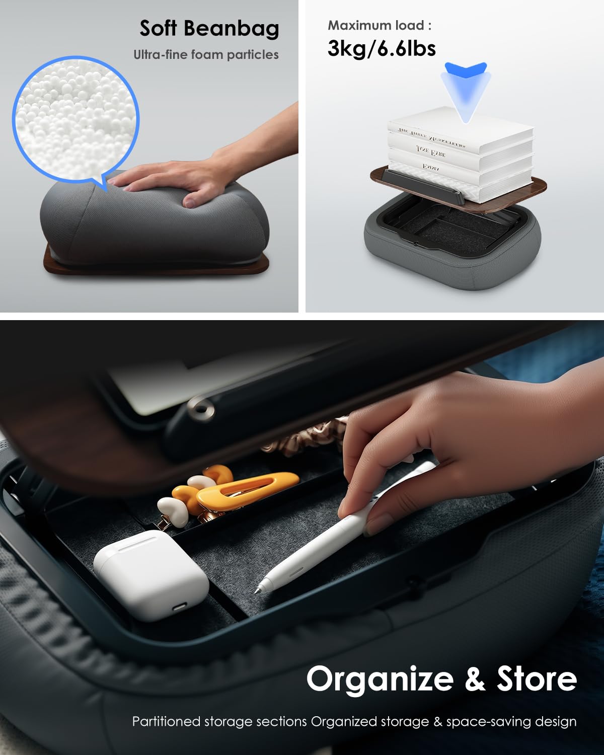 Viozon Lap Book Pillow Stand with Storage, Adjustable Beanbag Reading Pillow with Dark Wood Panel, Multi-Angle Book Holder for Hands-Free Reading in Bed or Sofa,Book Lover Essential,Soft Cushion