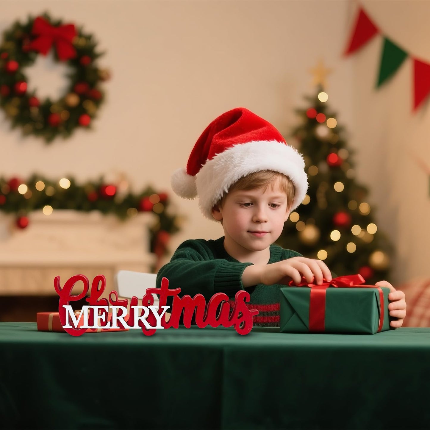 Christmas Centerpieces for Table - Wooden Merry Christmas Sign with Red & White Accents, Festive Tabletop and Mantel Decor for Dining Room, Shelf, Tray, Dinner Party Centerpiece