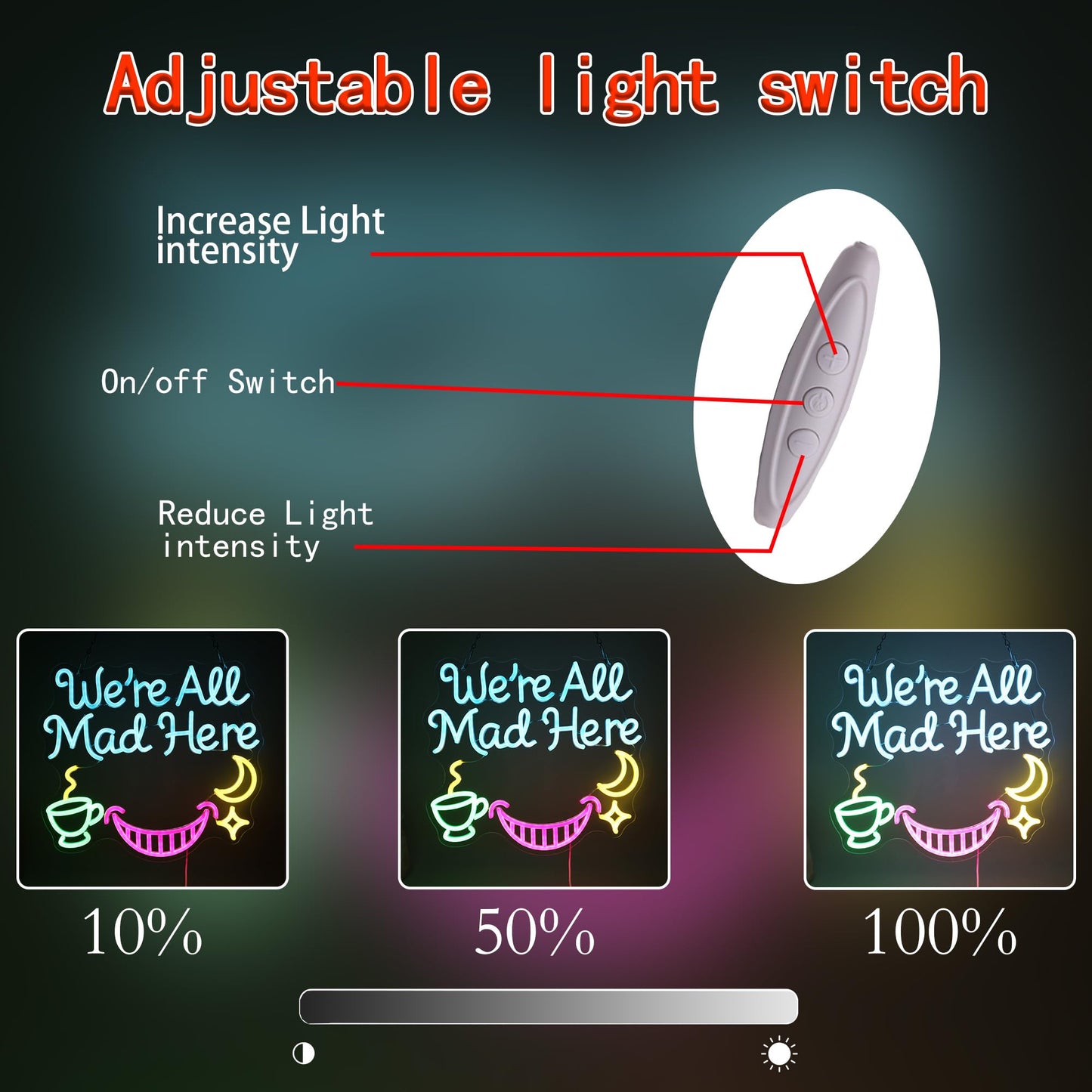 We're All Mad Here Neon Sign Neon Lights for Alice In Wonderland Party Decorations, USB Powered LED Light Up Signs for Bedroom, Bar,Gift for Birthday, Christmas