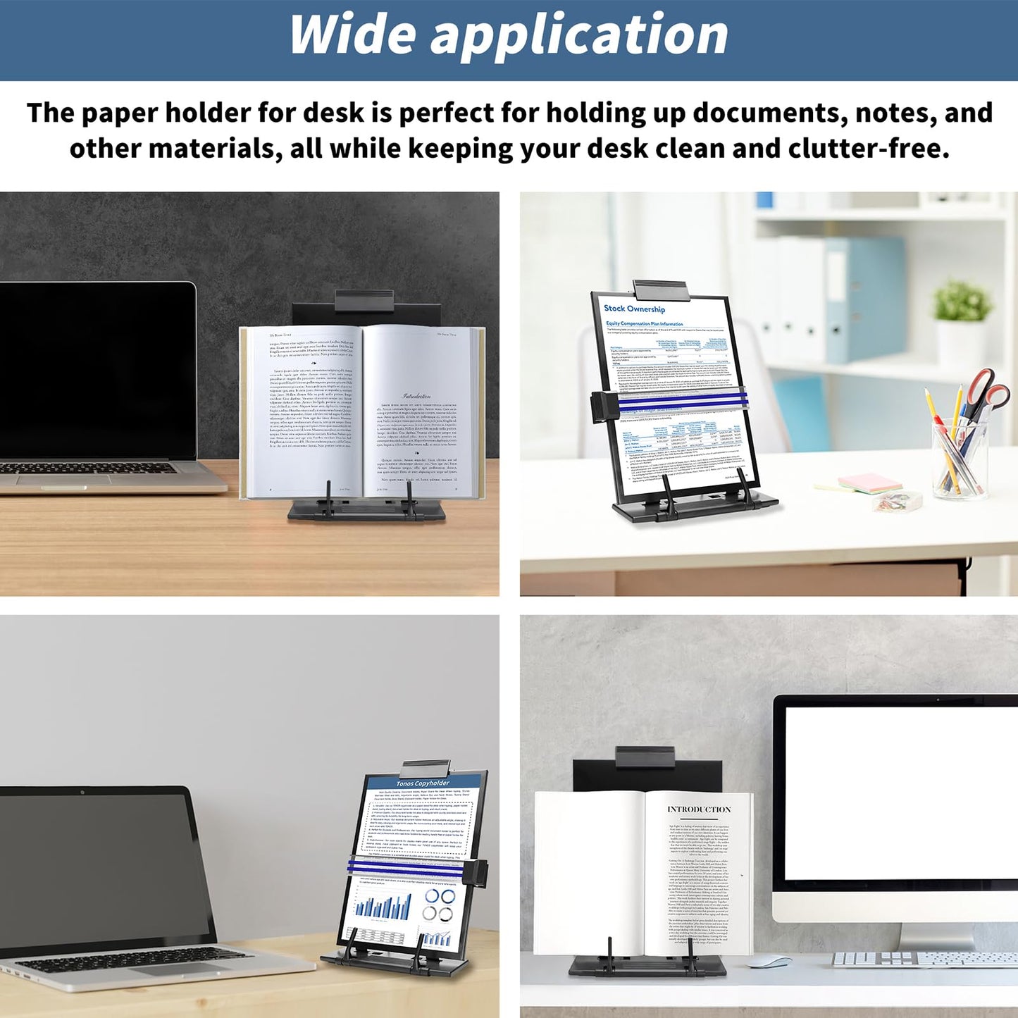 TONOS Paper Stand Document Holder - Quality Document Holder for Desk, Paper Stands for Desk When Typing, Sturdy Stainless Steel Copy Holder, Adjustable Angle, Papers Holder Stand for Desk Typing