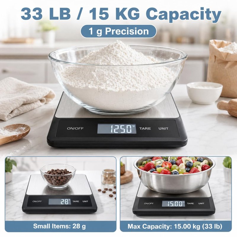 33LB/15KG Digital Kitchen & Food Scale – Waterproof Stainless Steel, USB Rechargeable, 1g Precision, Tare Function for Cooking, Baking, Meal Prep