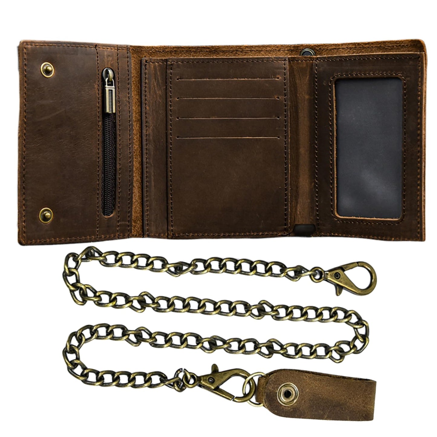 WBQMUNY Men's Tri-fold Vintage Biker Cowhide Top Grain Leather Steel Chain Wallet, Chain Wallets for Men Cow Leather Wallet, Snap Closure