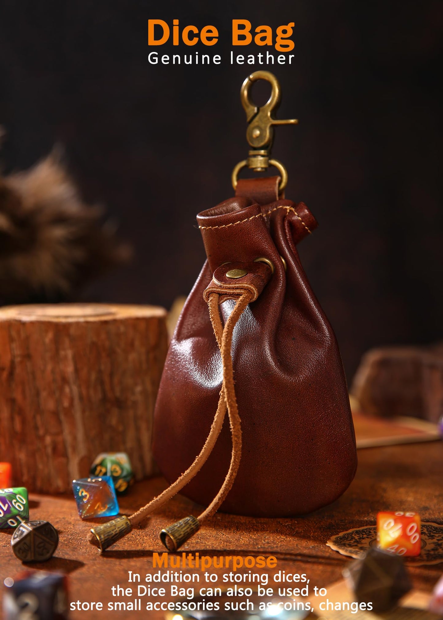 CHULEAG Vintage Medieval Drawstring Belt Pouch, FULL-GRAIN Leather, handmade, portable coin&dice purse with keychain. (small)