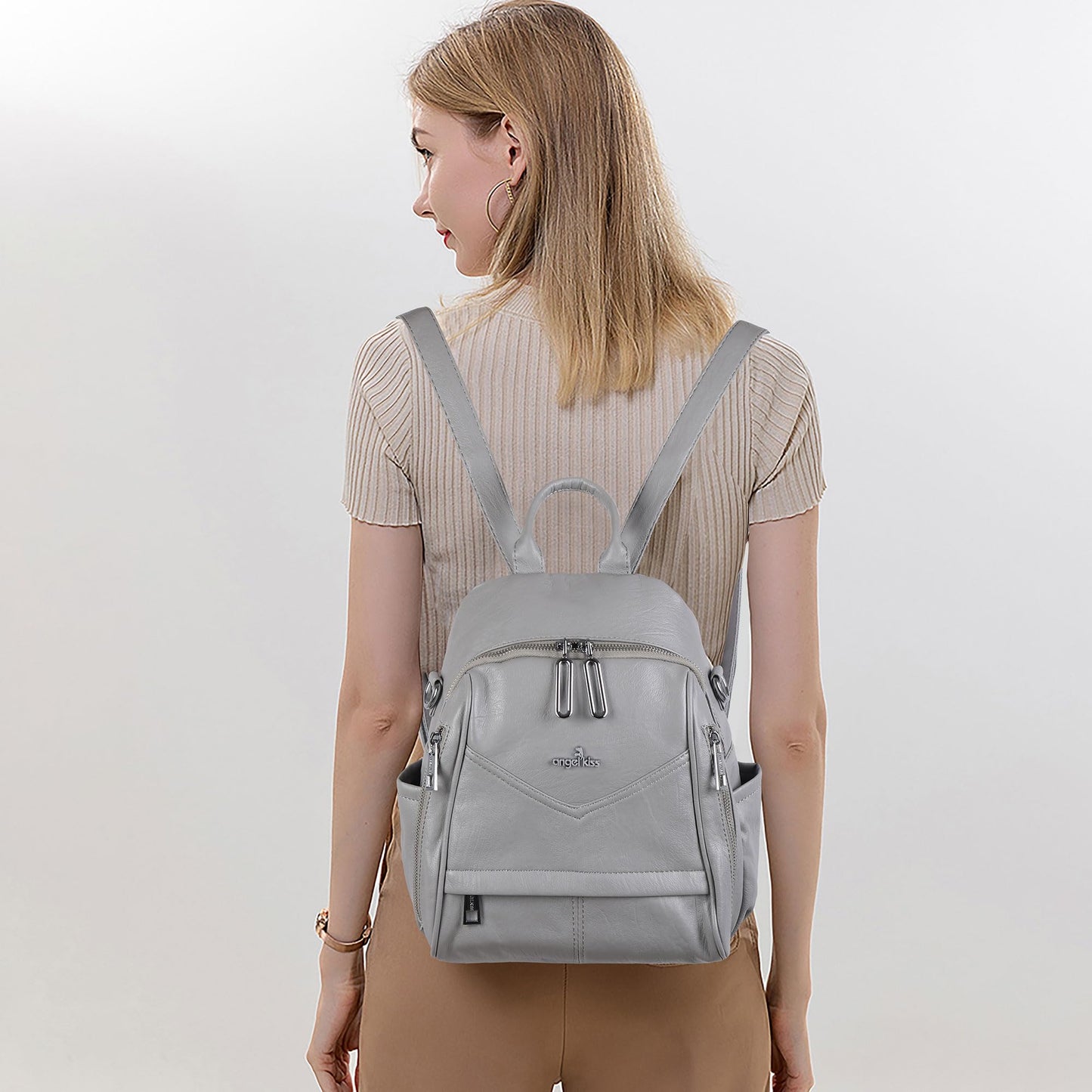 Angel Kiss Small Backpack Purse for Women,Soft Vegan Leather Roomy Backpacks,Designer Ladies Shoulder Backpack Fashion Handbag with Removable Strap,Grey