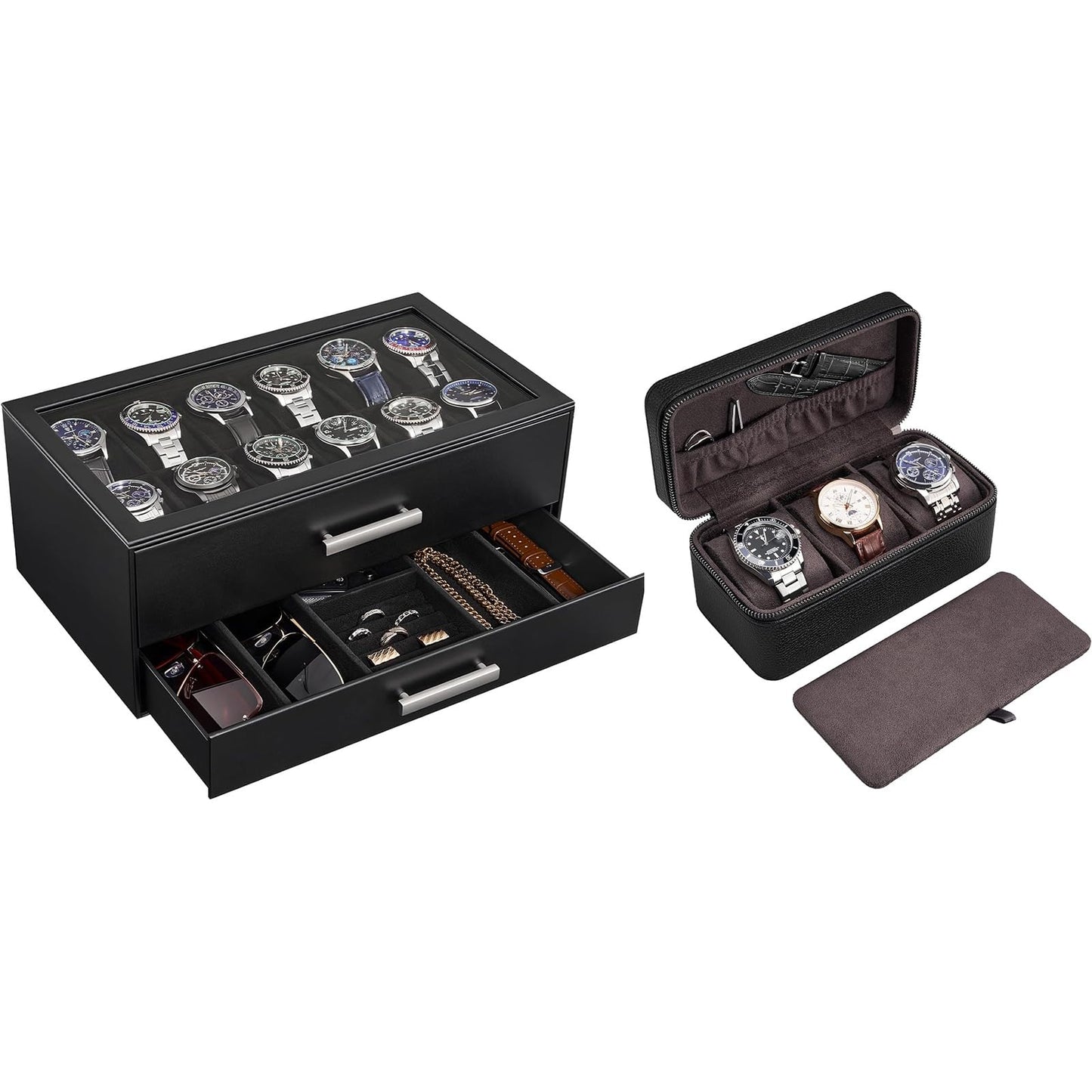 ProCase Black 12 Slot Watch Box and Black 3-Slot Watch Travel Case Bundle, 2-Tier Pull-Out Drawer Organizer, Clear Top Display Lid, Jewelry and Sunglasses Storage, Portable PU Leather Watch Holder
