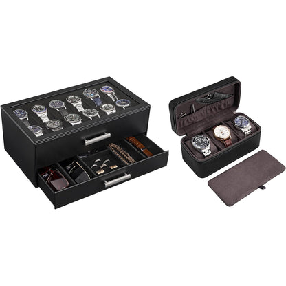 ProCase Black 12 Slot Watch Box and Black 3-Slot Watch Travel Case Bundle, 2-Tier Pull-Out Drawer Organizer, Clear Top Display Lid, Jewelry and Sunglasses Storage, Portable PU Leather Watch Holder