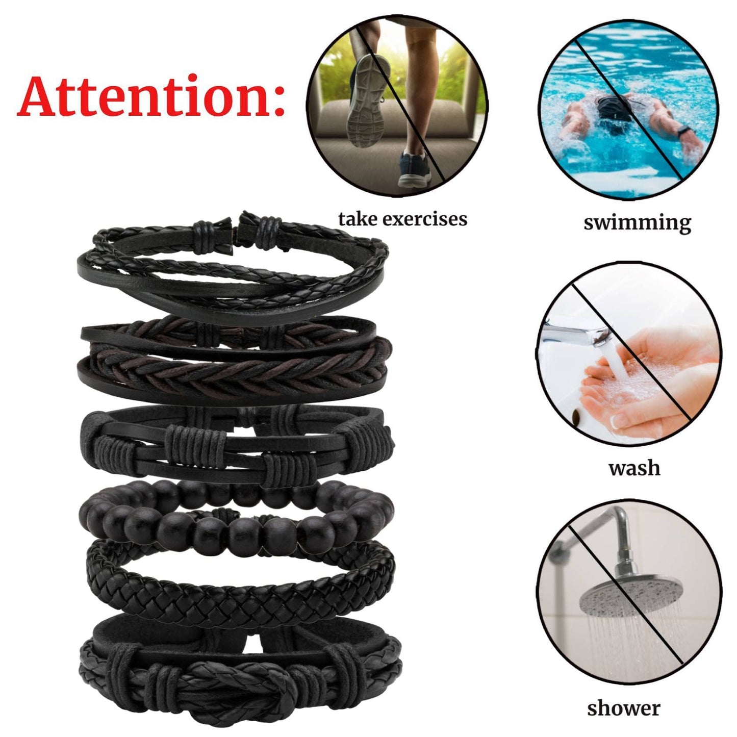 MILAKOO 6 Pcs Black Braided Leather Bracelets for Men Women Cuff Wrap Wristbands