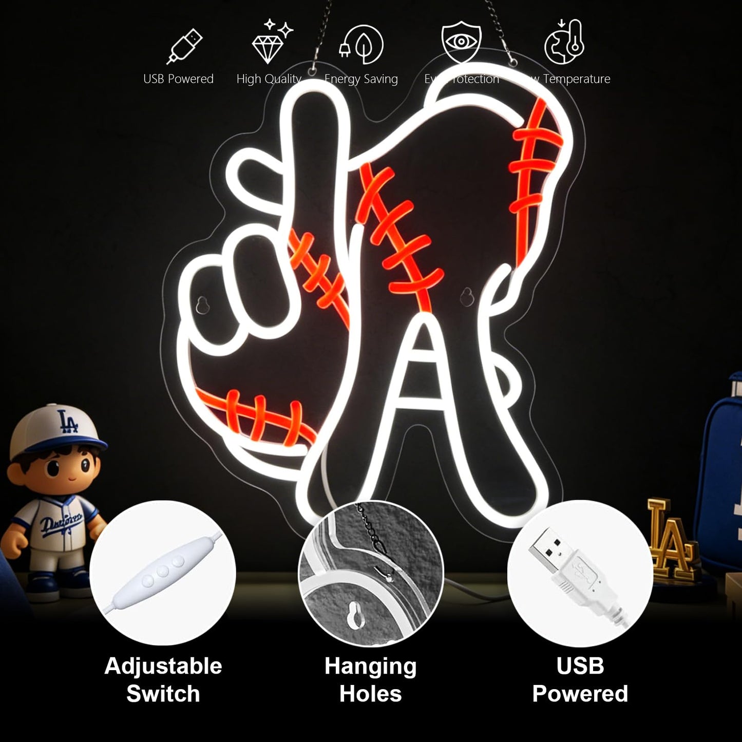 Baseball Neon Sign LA Baseball Neon Sign for Wall Decor LA Gesture Sign USB Dimmable LED Neon Lights for Home Bar Pub Tavern Party Man Cave Club Shops Hotel Store Business Gift