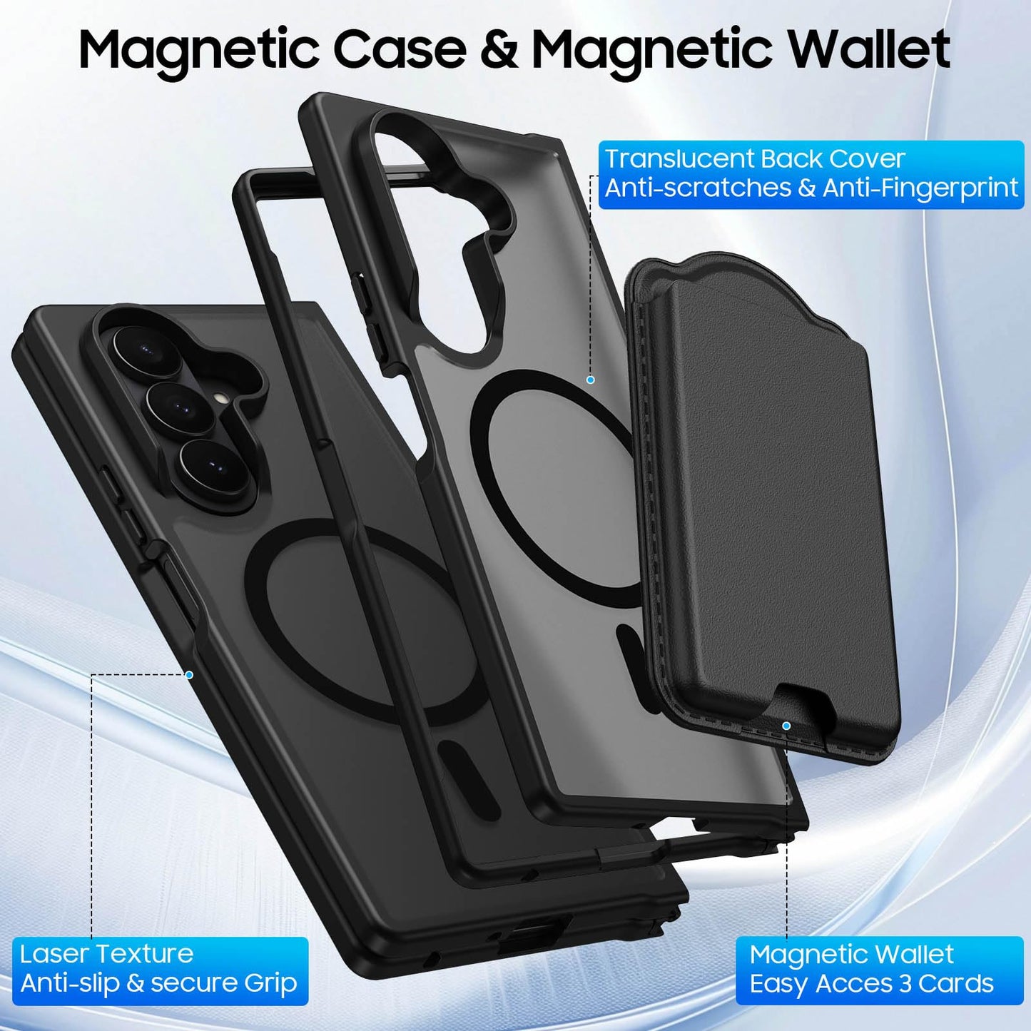 Ntwinro Magnetic for Samsung Galaxy Z Fold 7 Case, Detachable Magnetic Wallet with Card Holder, [Fit for MagSafe] Military-Grade Shockproof Translucent Matte Anti-Scratch Phone Case, Black
