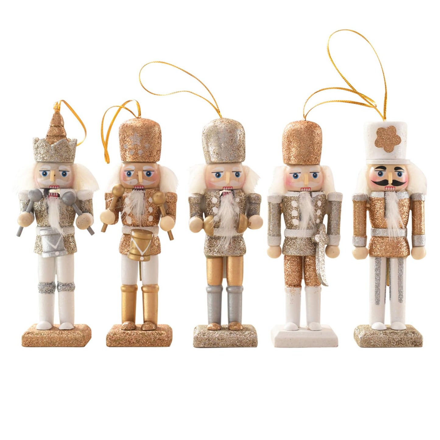 Christmas Nutcracker Ornaments Set, Wooden Christmas Nutcracker Soldier Figures Decorative Collectible Nutcracker 5 Inch Mini Nutcracker Figurines Christmas Tree Hanging Decorations, 5pcs Bling Gold