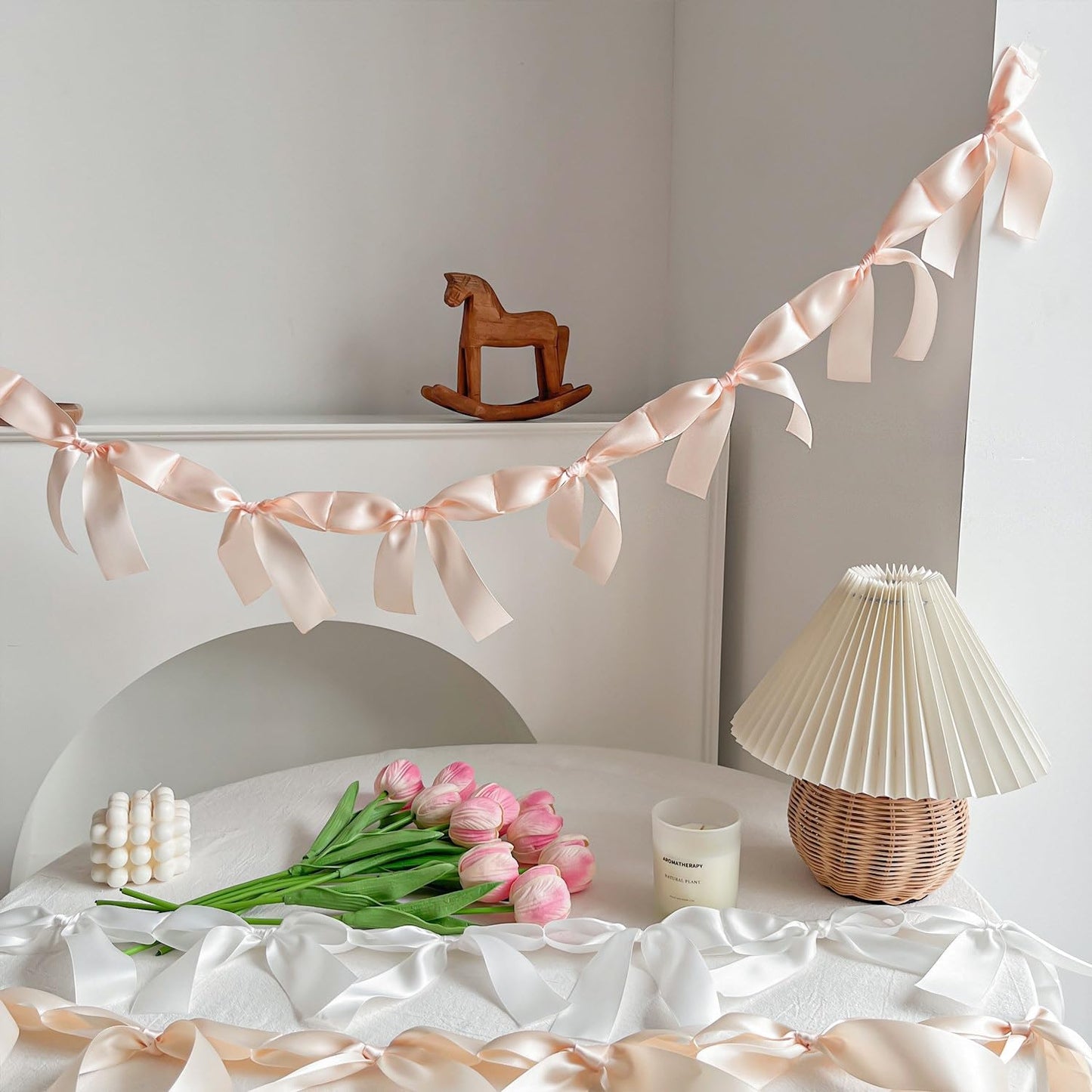 Eanjia Peach Bow Garland Pre-Assembled | 6ft Silk Satin Bow Banner for Coquette Bachelorette Party, Soft Blush Baby Shower,Bridal Shower Wedding Baby Room Bed Decor (Peach, 6ft)