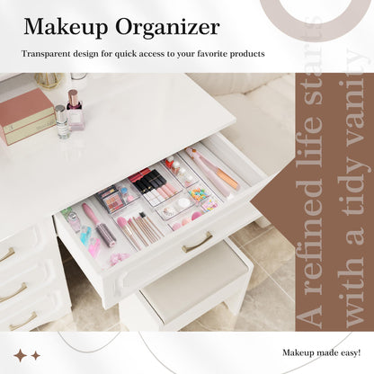 Criusia Drawer Organizer, 10 Pack Large Clear Plast Set, 3 Size Versatile Bathroom and Vanity Organizer Trays, Storage Bins for Makeup, Bedroom, Kitchen Utensils