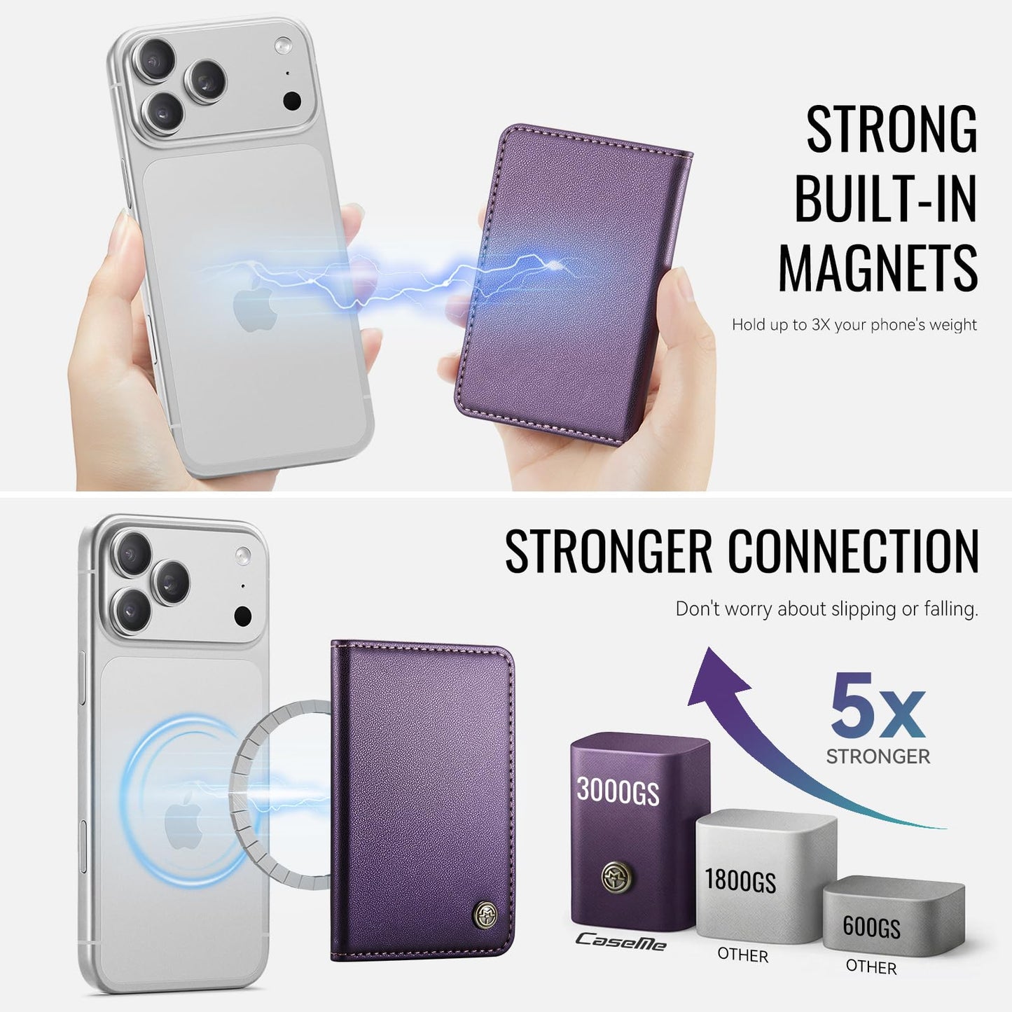 XIMAND Magnetic Wallet Card Holder with RFID Protection, PU Leather Slim Wallet, Strong Magnet Attachment for iPhone 18/17/16/15/14/13/12 Series Pro Max Plus Mini-Purple