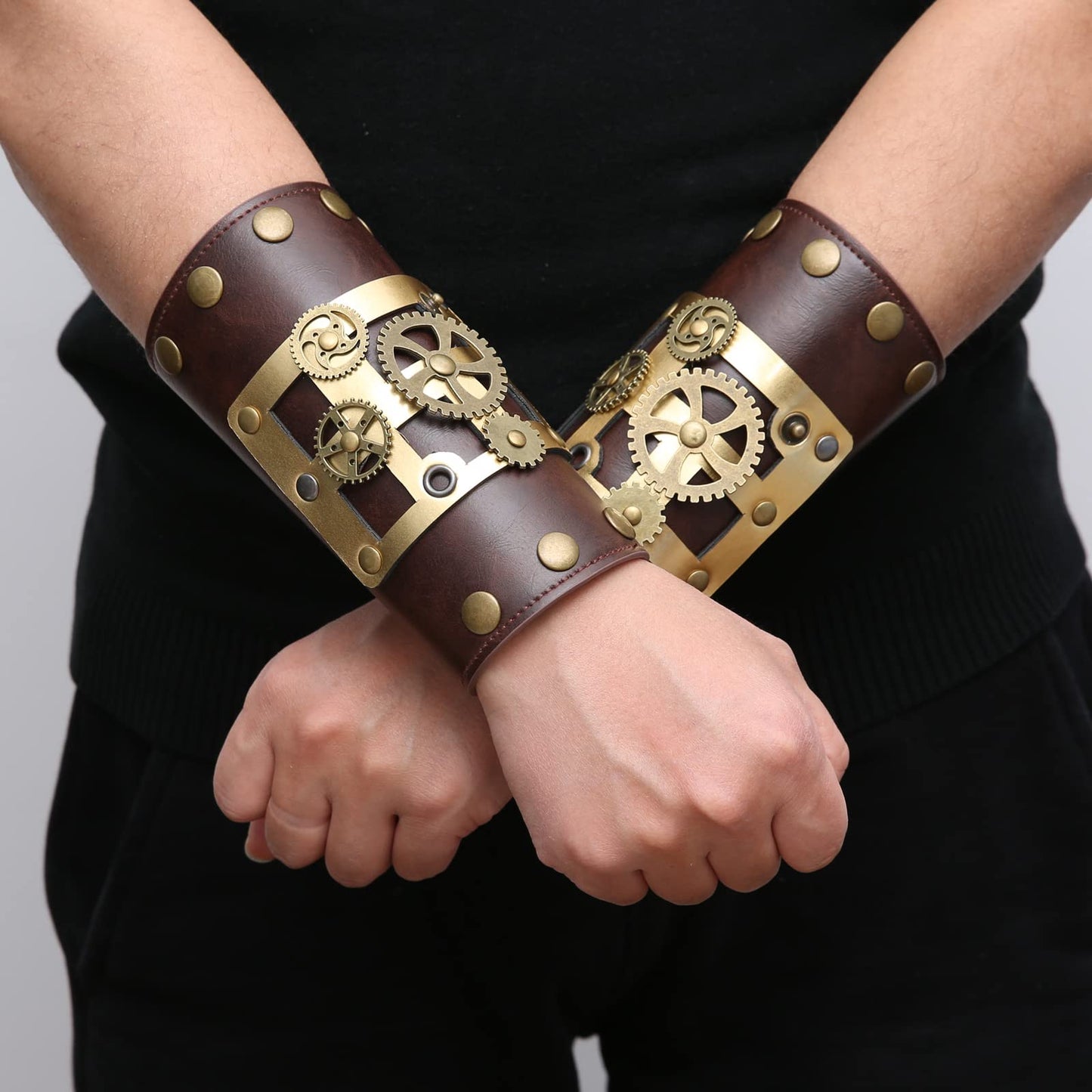 HZMAN Men's Gothic Steampunk Bracers, Leather Arm Guards for Women, Medieval Wristband for LARP/COSPLAY, One Size Adjustable