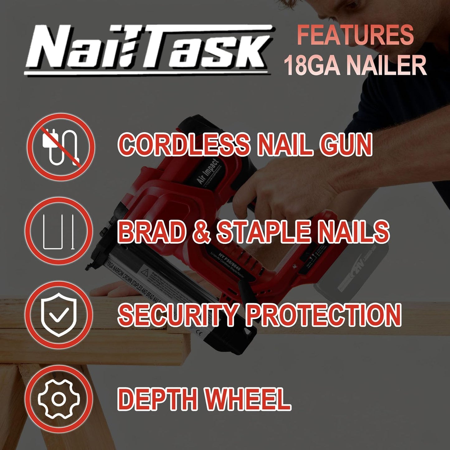 NailTask 20V 18 Gauge Cordless Nail Gun Safety Pin 2 Inch Power Brad Nailer with 18GA Machine Electric Staple 2 in 1 Gun Nails Kit for Wood Upholstery DIY Framing Home Improvement (No Battery)