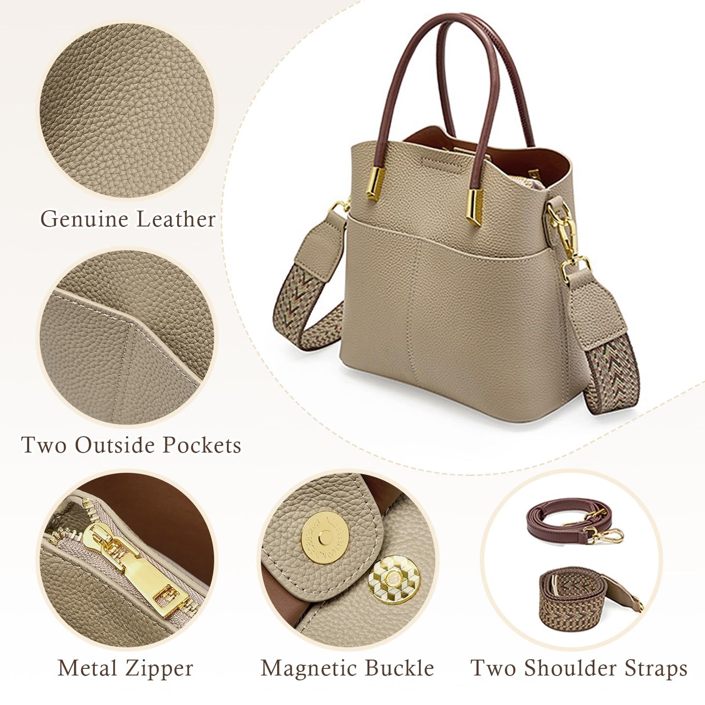 MFFOR Genuine Leather Crossbody Purses and Handbags for Women, Tote Shoulder Purse Bucket Handbag, Top Handle Satchel (Khaki
