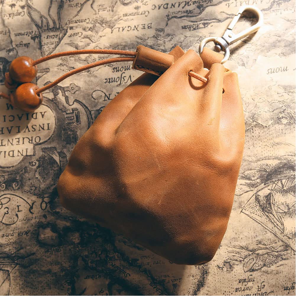 Wugebud 1 Pcs Leather Mini Medieval Pouch Keychain, Coin Organizer, Change Holder, Leather Drawstring Pouch for Men & Women