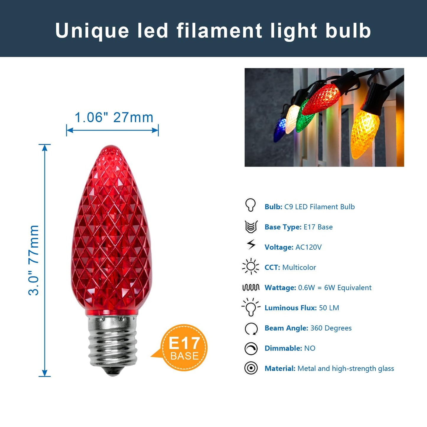 EMYMLITE 50 Pack Multicolor C9 LED Christmas Light Bulbs, Waterproof E17 Base Bulbs, Commercial Grade C9 LED Outdoor Christmas Bulb for Roof House String Lights.