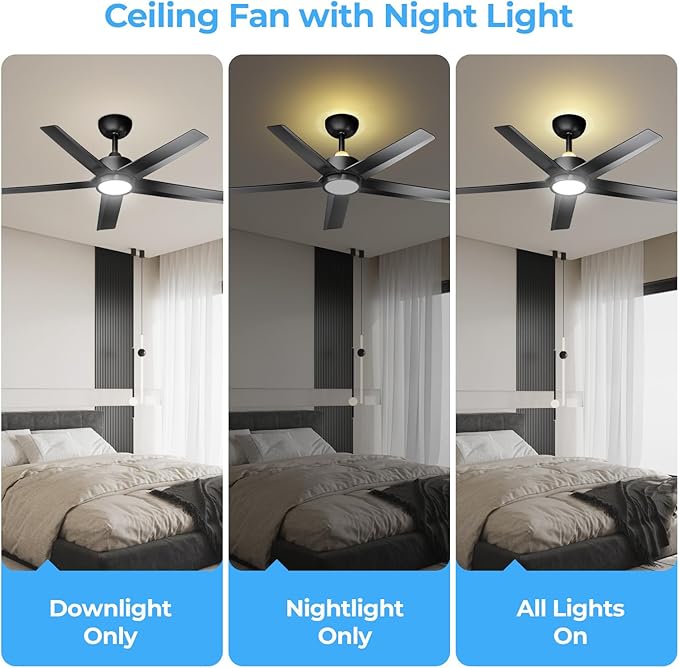 ocioc Ceiling Fans with Lights and Remote,44 Inch Black Ceiling Fan with Nightlight,6 Speeds,3000–6500K Dimmable,Quiet Reversible DC Motor,Modern Ceiling Fan for Bedroom Living Room Patio