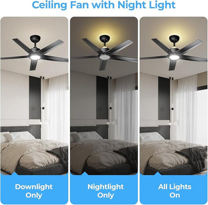 ocioc Ceiling Fans with Lights and Remote,44 Inch Black Ceiling Fan with Nightlight,6 Speeds,3000–6500K Dimmable,Quiet Reversible DC Motor,Modern Ceiling Fan for Bedroom Living Room Patio