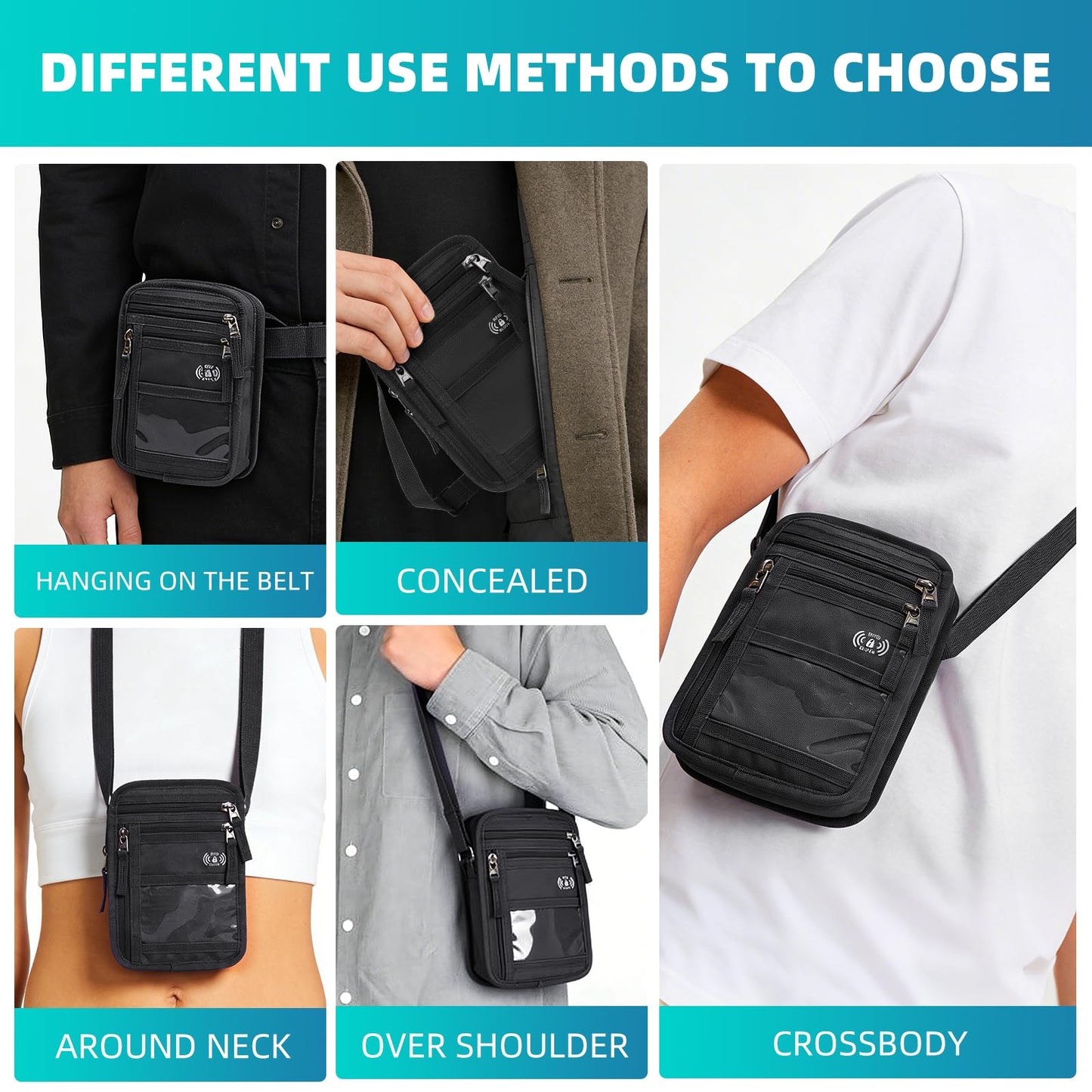 OPOALO RFID Neck Wallet for Travel, Passport Holder, Money Pouch, Black