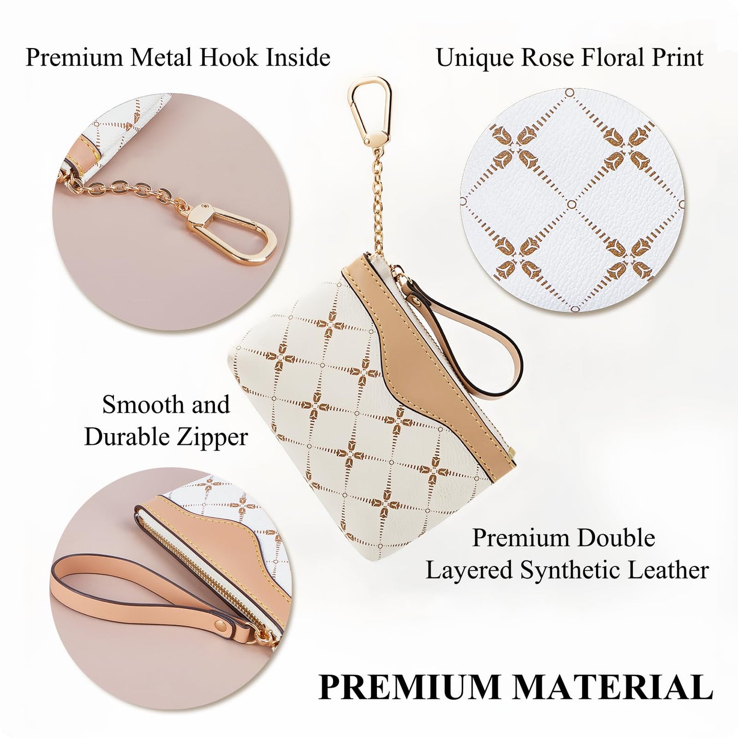 LARENNT Leather Coin Purse with Key Chain - Small Change Pouch Card Holder Keychain Wallet for Women (White)