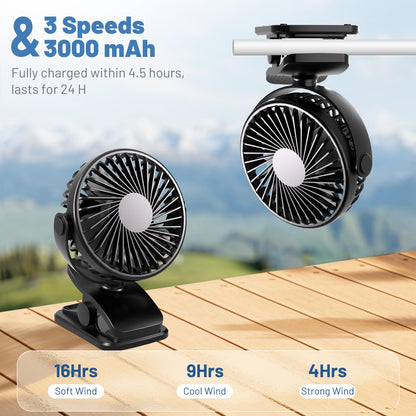 Portable Clip on Fan, 360° Rotate Battery Operated Stroller Fan, 3 Speed Quiet Mini Personal Desk Fan, USB Rechargeable Clooing Fan for Outdoor Camping Golf Cart Stroller Home Office Black