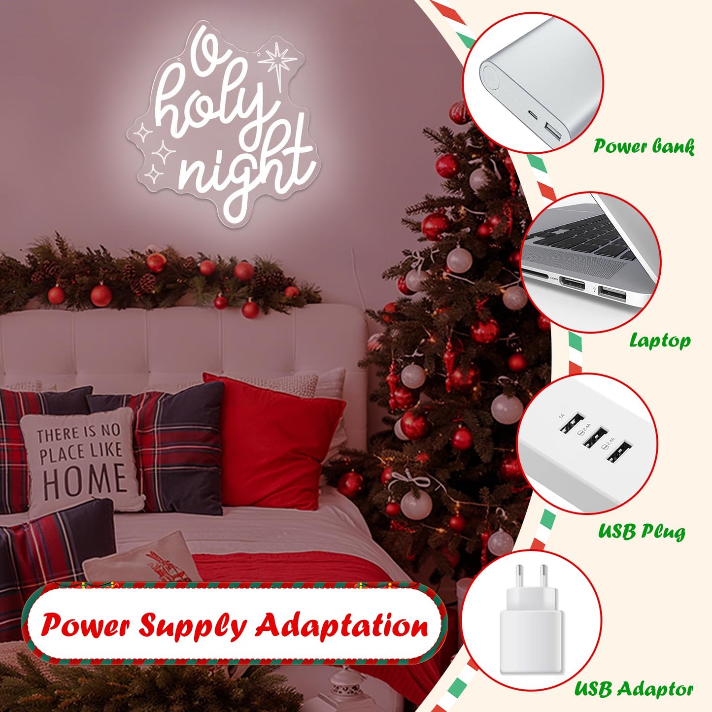 Jeanchrl O Holy Night Neon Sign Christmas Jesus Decorations LED Lights for Wall USB Powered Christian Christmas Neon Light Sign Winter Light Up Sign for Party Bedroom Kitchen O Holy Night Decor