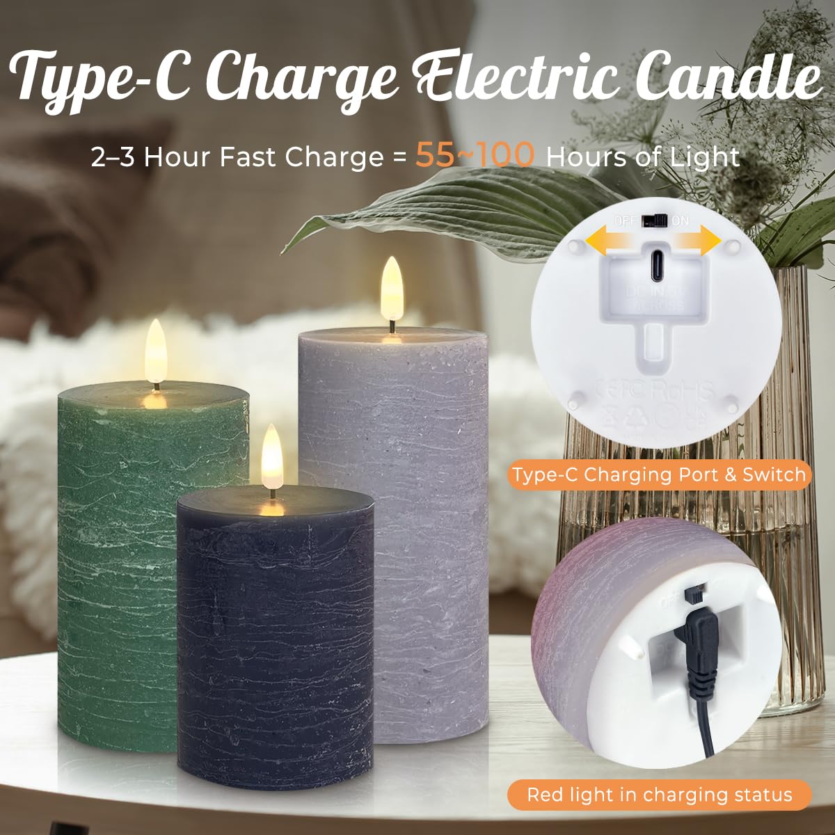 LEDHOLYT Rechargeable Flameless LED Pillar Candles–Luminous Real Wax Indoor Home Decor–Set of 3, Realistic Flickering LED Flame,Remote & Timer, USB-Rechargeable（Verdant & Ash Tones）