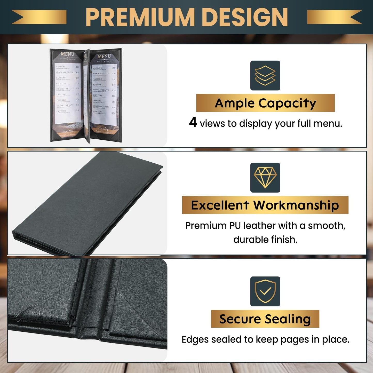 AMGSH 12 Pack 4 View Menu Holder Menu Covers 4.25" x 11" | Black Leather Menu Sleeves Book Style for Restaurant Coffee Bars Wine List