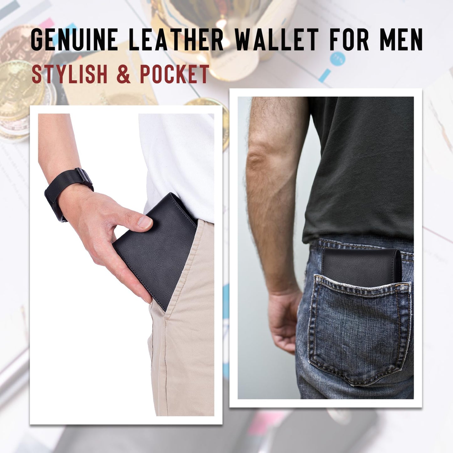 OFAMOUS Men's Leather Wallet with Coin Pocket Flip Up ID Window RFID Blocking Slim Bifold Credit Card Front Pocket Wallet (Black)