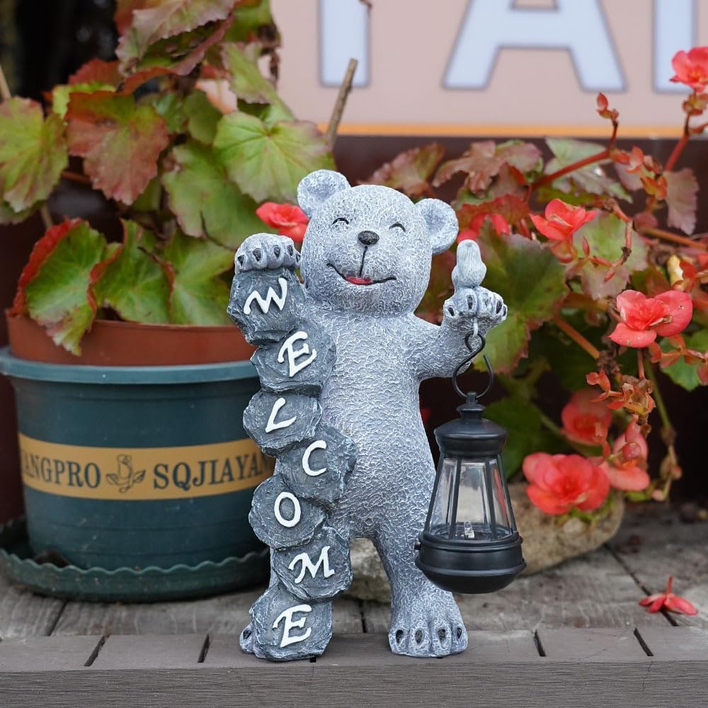 Youfui Bear Figurine Light Solar Powered Led Light- Welcome Lawn Decor Bear Garden Statues for Patio, Balcony, Yard Ornament, Outdoor Figurine Light House Housewarming Gifts, 7.8x4.13inch