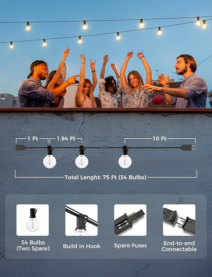 XMCOSY+ Smart Outdoor String Lights, 75Ft G40 Globe Patio Lights with 34 Dimmable LED Bulbs, WiFi & APP Control, Work with Alexa, Extendable Waterproof LED String Lights for Outside, Porch, Backyard