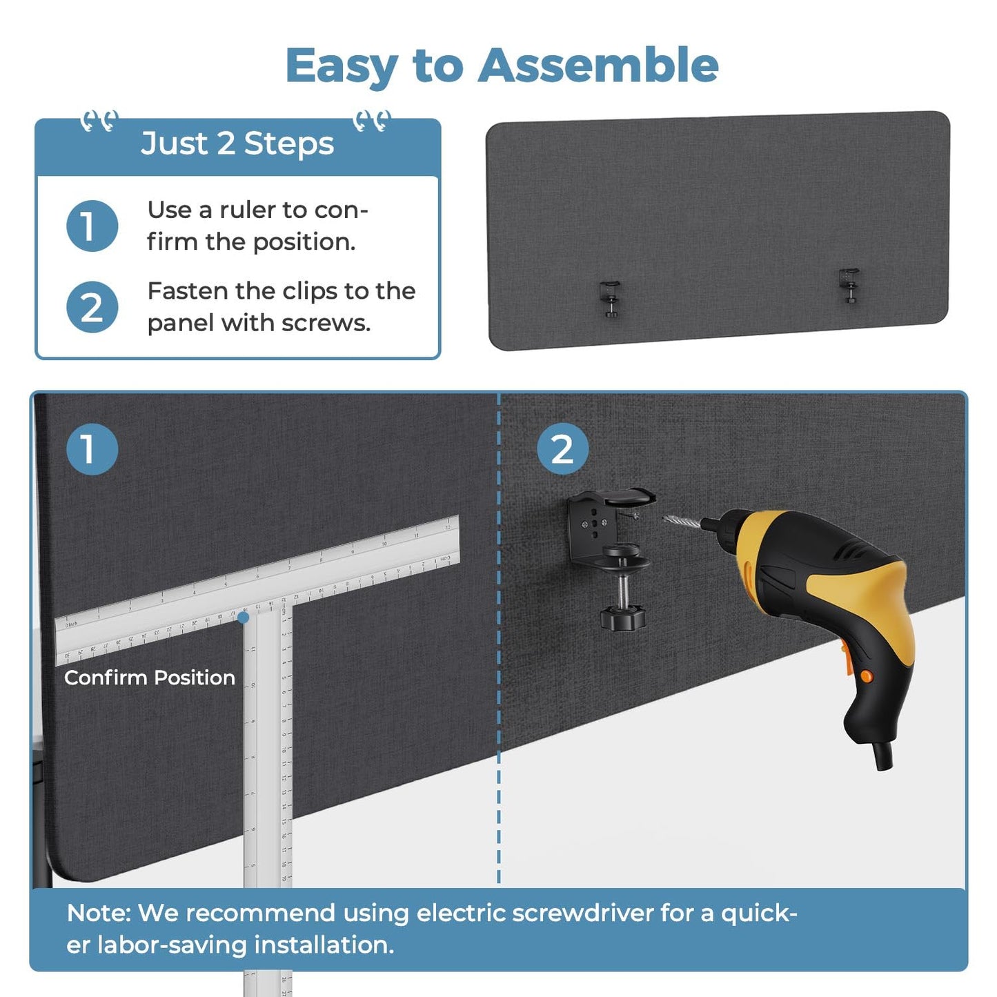 MORDEER 47.2" Privacy Desk Divider Panel, Acoustic Divider Panels for Office, Clamp-on Cubicle Office Room Dividers, Easy Assemble, Dark Grey