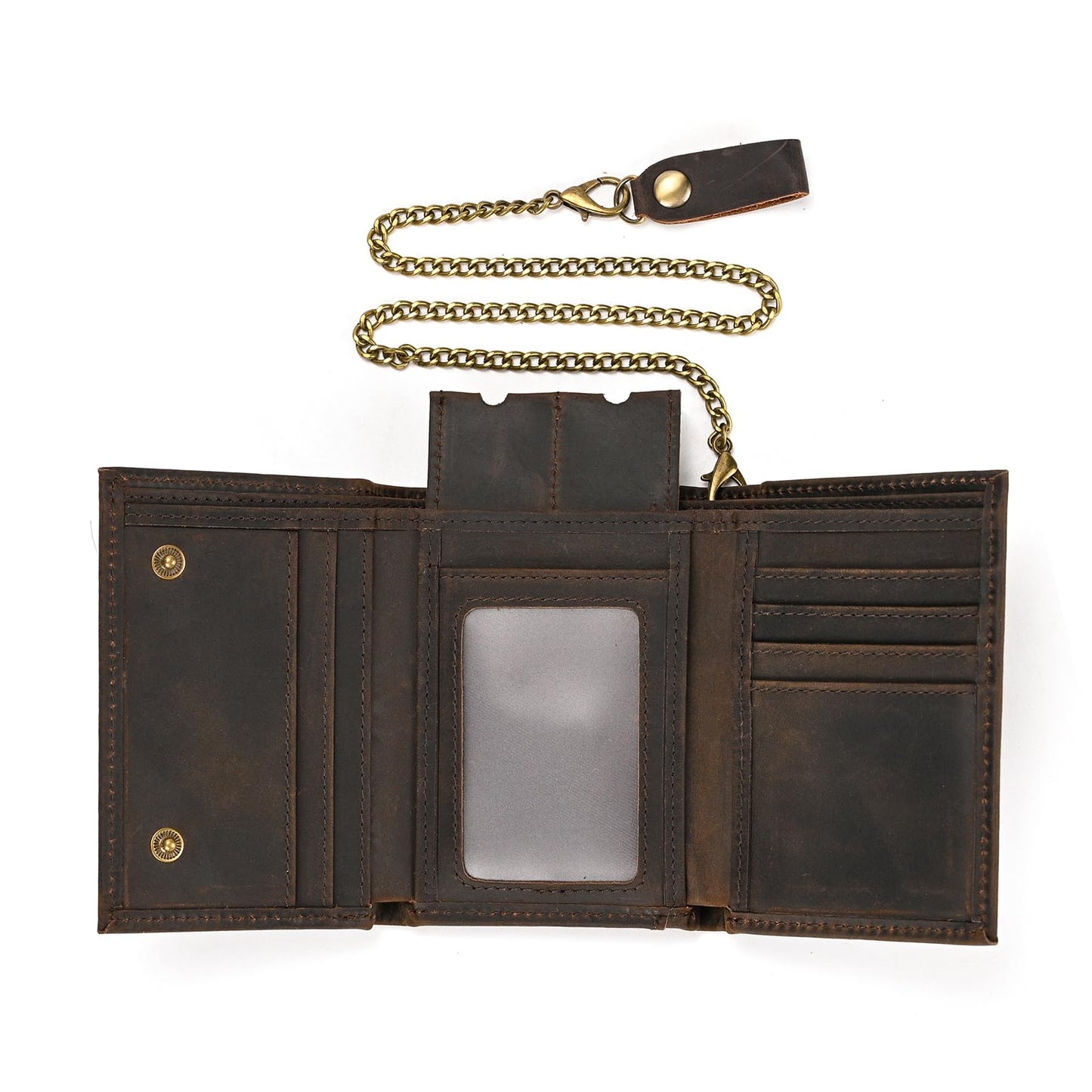 Yevabo Men's Full Grain Leather Trifold Wallet with Chain - Vintage Full Grain Leather Short Purse for Men with Multi-Card Slots, ID Window, Key Holder, Dark Brown